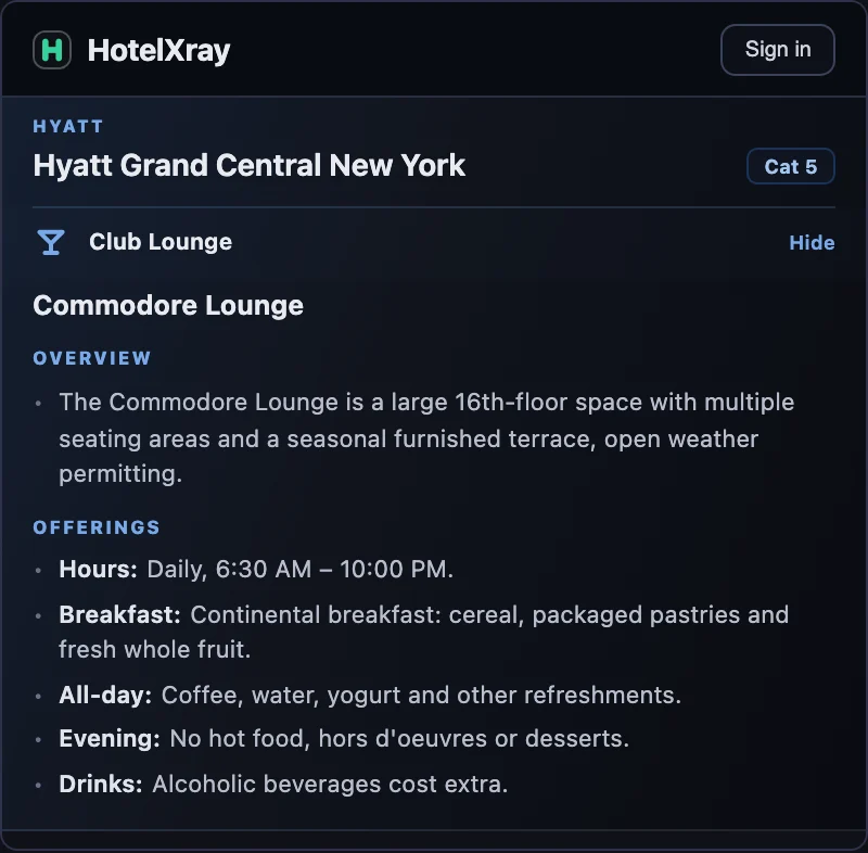Expanded Commodore Lounge report showing its location, continental breakfast, daytime refreshments and extra alcohol charges