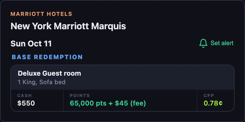 New York Marriott Marquis calendar day for October 11, 2026 with a Set alert bell beside the date and Marriott room rates below