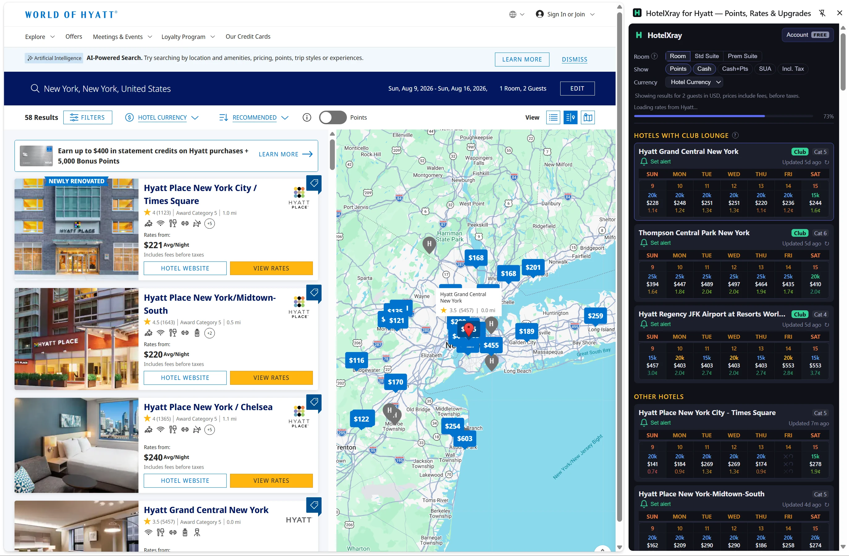HotelXray side panel open on Hyatt search results for New York, prioritizing hotels with club lounges and showing award rates, cash prices, and alert controls