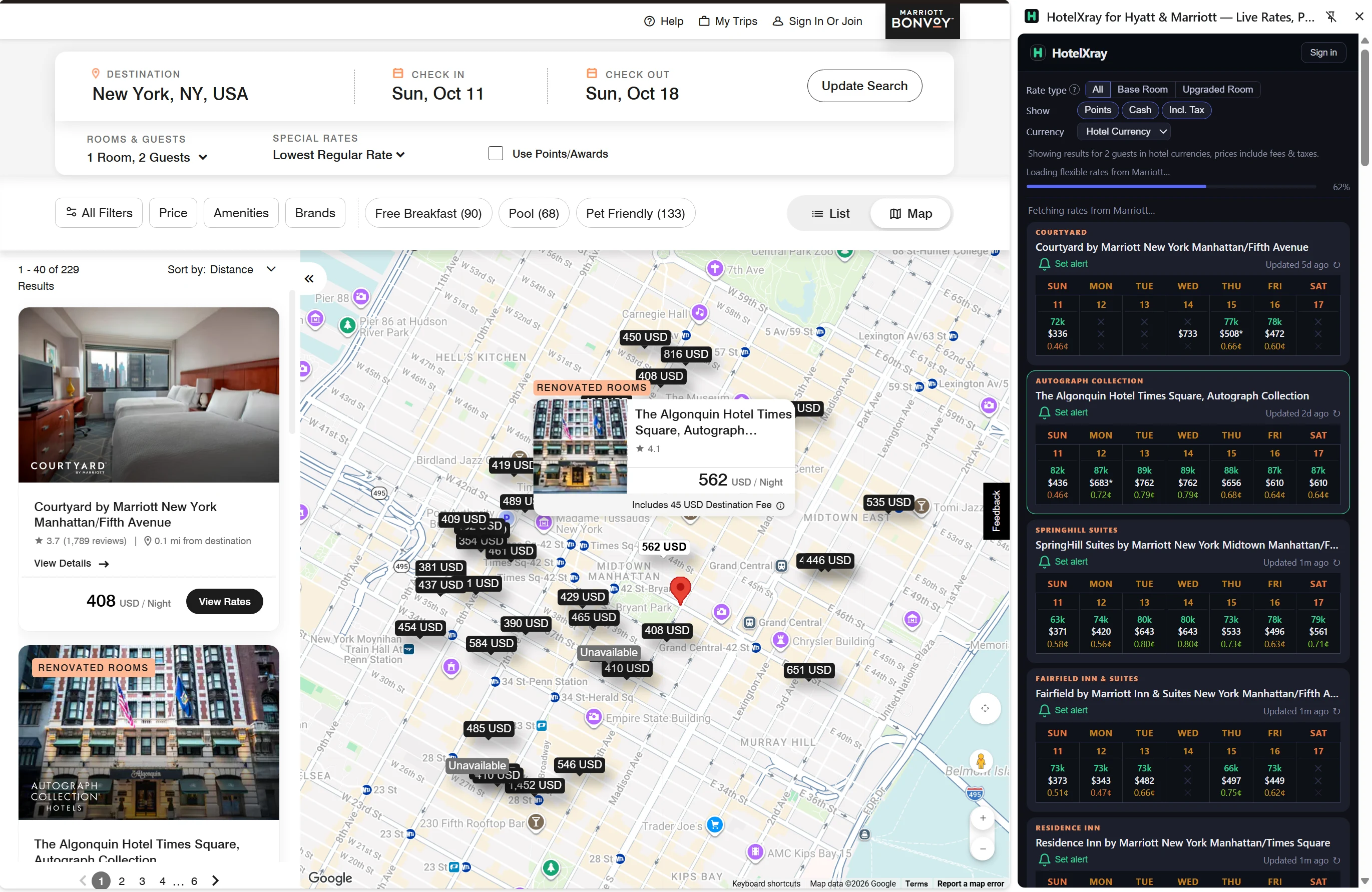 HotelXray side panel beside Marriott map search results in New York, showing nightly cash rates, points, CPP, rate-type filters, and alert controls
